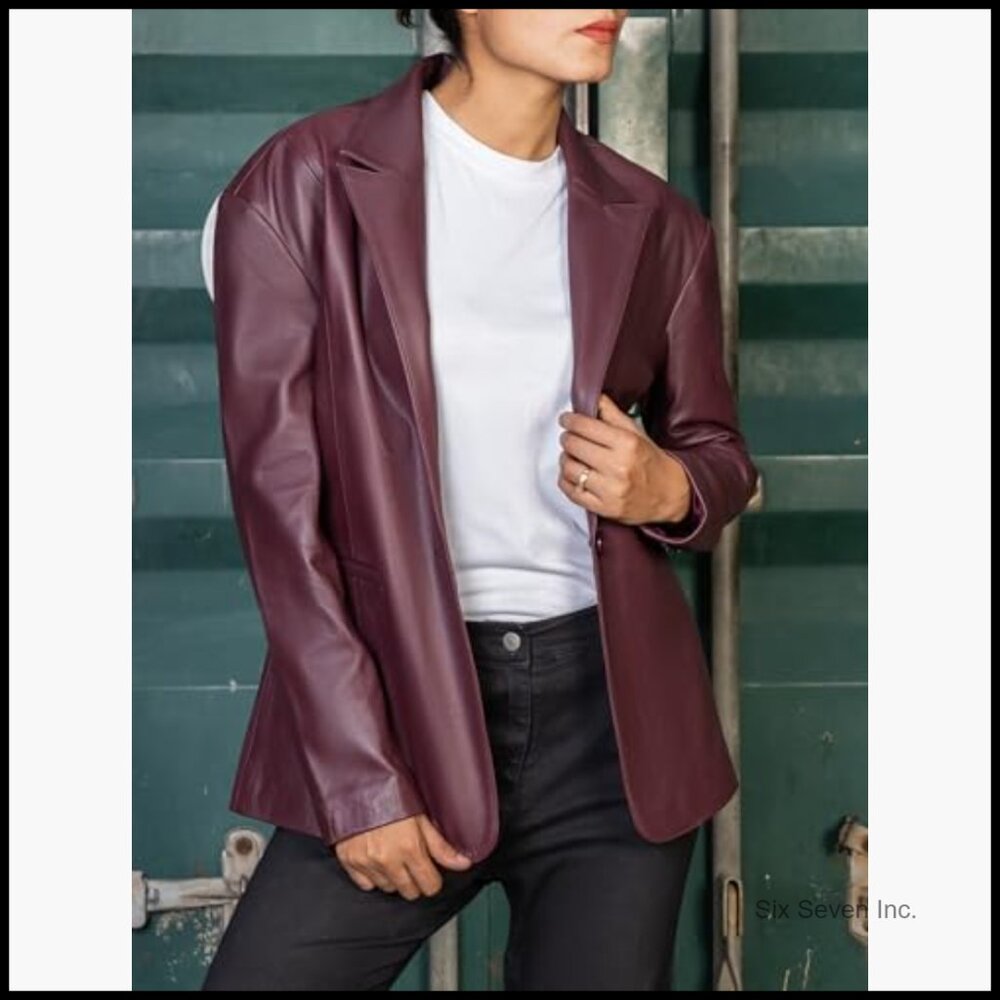 Oversized Lambskin Leather Blazer Women Business Casual Coat - Picture 2 of 7